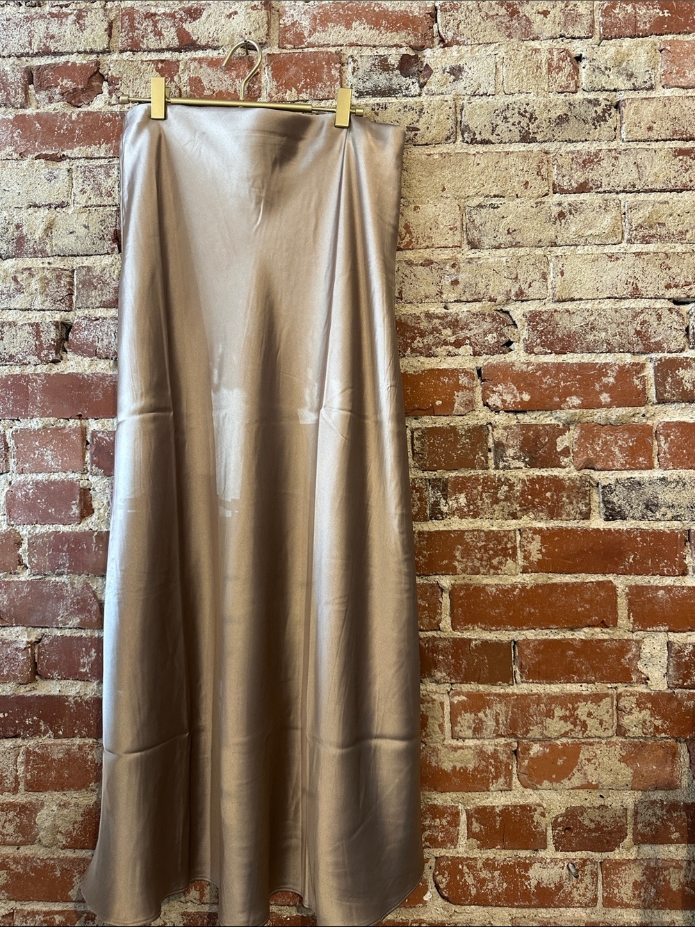 Double Zero Metallic Taupe Satin Midi Skirt with elastic waist